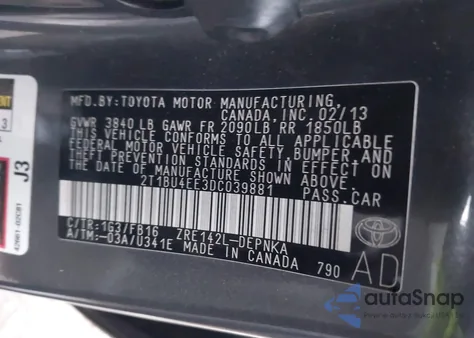 2013 Toyota Corolla Le from USA, damaged, VIN 2T1BU4EE3DC039881